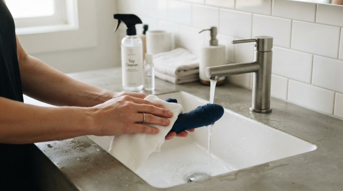 Handen die voorzichtig een luxe seksspeeltje reinigen onder warm water met een zachte doek, met reinigingsproducten op de achtergrond in een schoon, modern badkamerinterieur