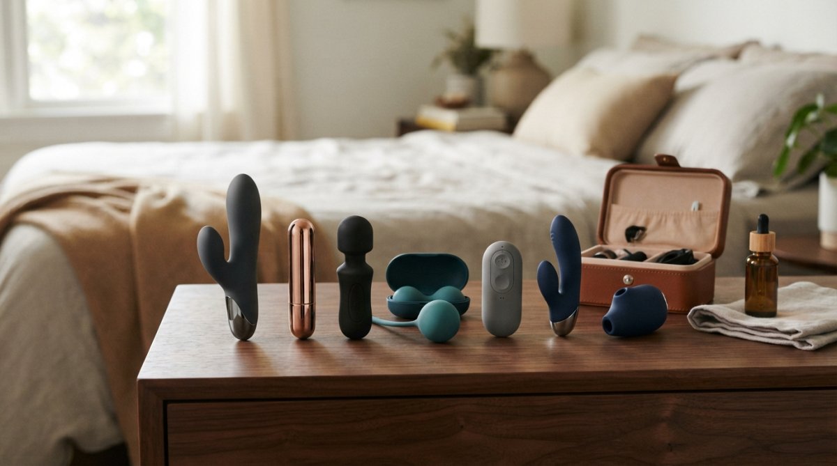 Elegante verzameling luxe speeltjes voor koppels kopen, stijlvol uitgestald in verschillende vormen op een minimalistisch ...