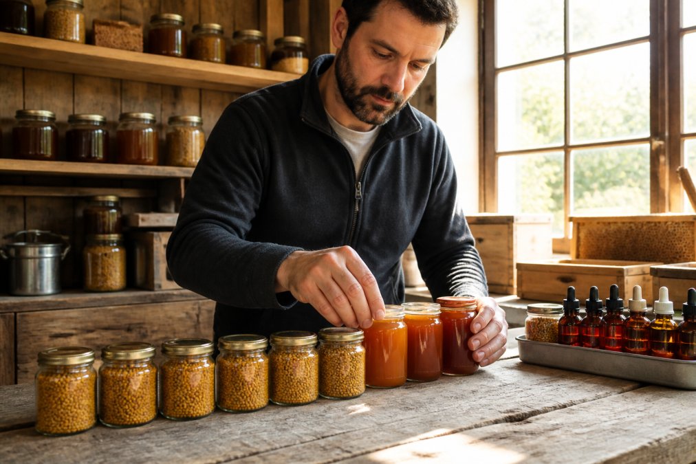 Imker bei der handwerklichen Verarbeitung von Bienenprodukten in der Werkstatt, mit Gläsern von Blütenpollen und Honig auf dem Holztisch, natürliches Licht fällt durch das Fenster, Hände arrangieren die Behälter