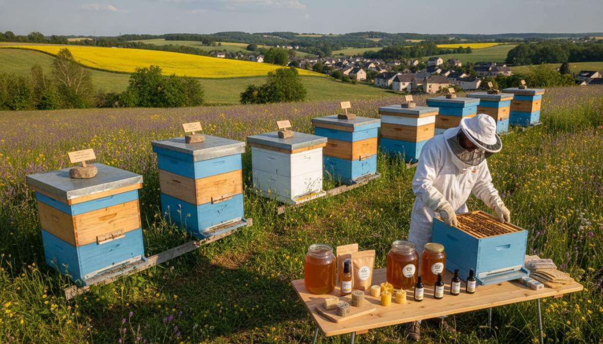 Imker in Schutzausrüstung arbeitet an Bienenstöcken in einer luxemburgischen Landschaft mit Feldern und Wäldern im Hintergrund