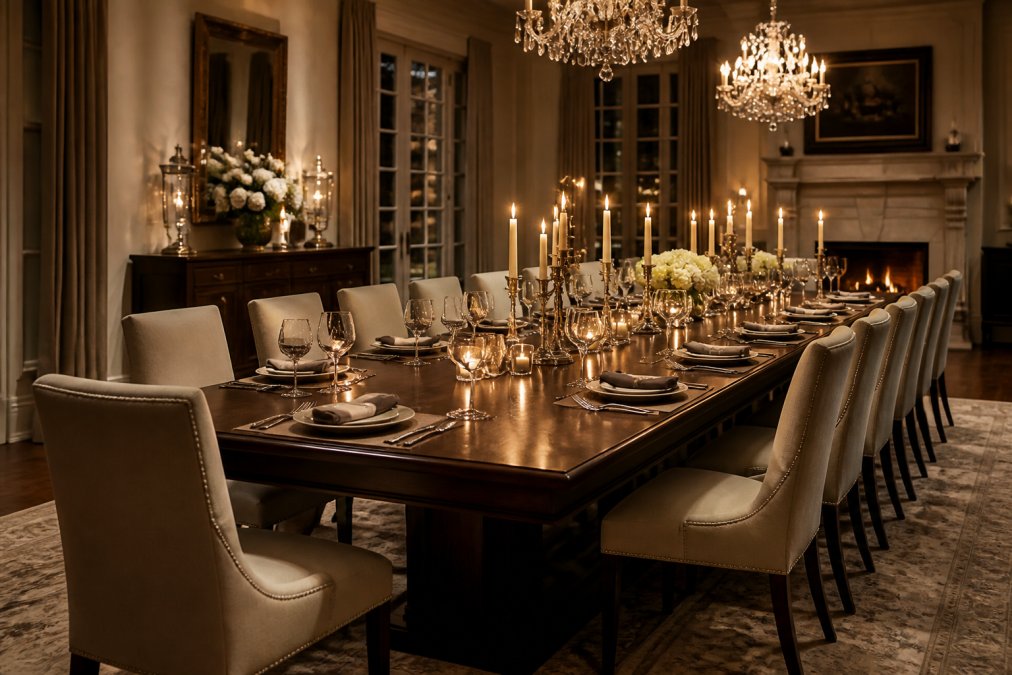 Elegantes Esszimmer mit großem Massivholz-Esstisch aus dunklem Nussbaum, gedeckt für ein Dinner mit Kerzen und Weingläsern, warmes Licht von Kronleuchtern