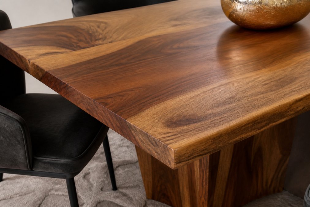 Detailaufnahme eines Massivholz-Esstisches mit natürlicher Maserung und warmer Oberflächenfinish, zeigt die Textur und Qualität des Materials