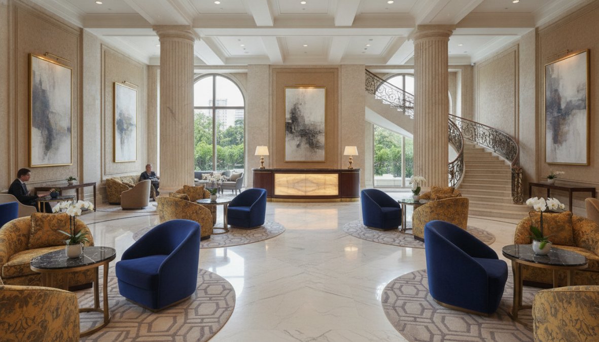 Elegante Hotel-Lobby mit Marmorboden, klassischen Sesseln, Beistelltischen aus Massivholz, warmem Beleuchtungskonzept und Gästen beim Check-in an exklusivem Empfangstresen