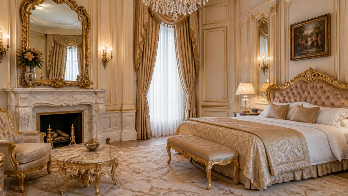 Elegantes Hotelzimmer luxuriöser Hotelgruppen mit barocken Möbeln, goldenen Akzenten und edlem Marmorkamin.