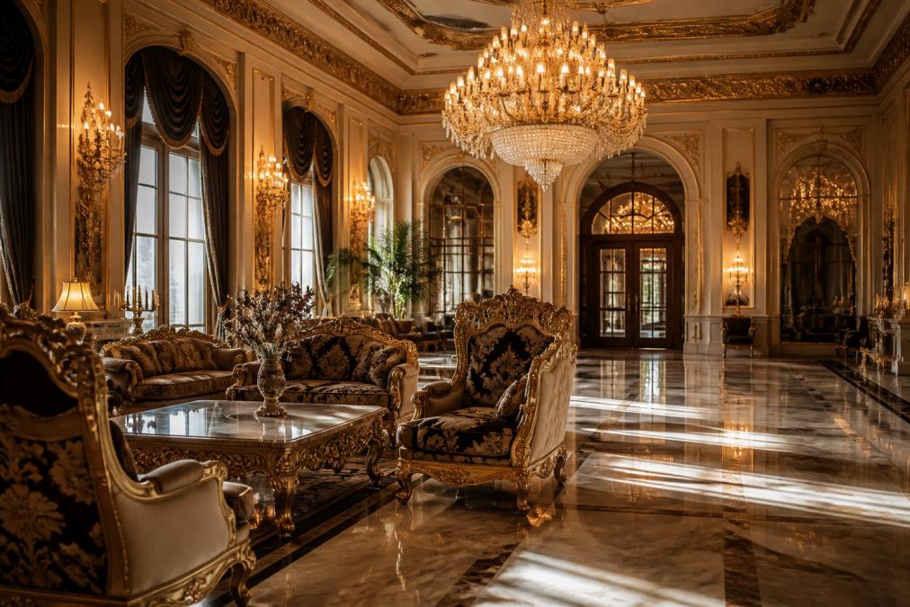 Weitläufige Hotel-Lobby mit opulenten Barock-Möbeln, kunstvoll geschnitzten Sesseln, einem großen Kristall-Kronleuchter und polierten Marmorböden, warmes Abendlicht fällt durch hohe Fenster