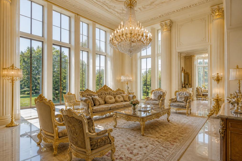 Elegantes Wohnzimmer mit hohen Stuckdecken, bodentiefen Fenstern mit Blick auf Garten, luxuriösen Möbeln im klassischen Barock-Stil von Casa Padrino und warmer Beleuchtung durch Kronleuchter