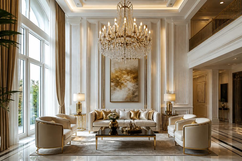 Ein eleganter Kronleuchter mit funkelnden Kristallen in einem luxuriösen Wohnzimmer mit hoher Decke, goldene Metallakzente und weiße Wände, natürliches Licht fällt durch große Fenster