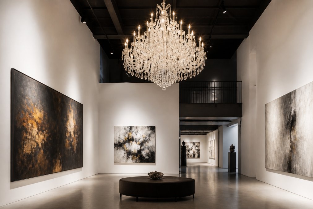 Ein imposanter großer Kronleuchter mit funkelnden Kristallen in einer modernen Galerie mit hohen Decken, dramatische Beleuchtung auf abstrakten Kunstwerken, weiße Wände und Betonboden