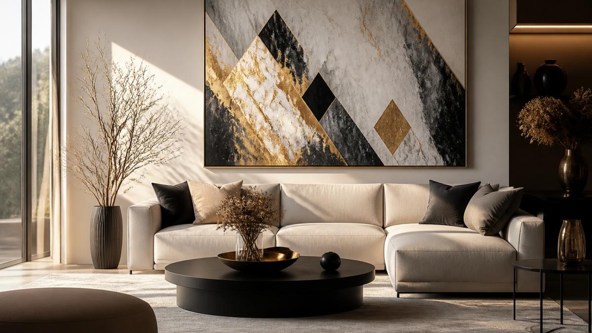A serene modern living room with a large abstract canvas featuring gold and black diamond accents hanging above a low minimalist sofa, soft afternoon light catching the shimmering surface