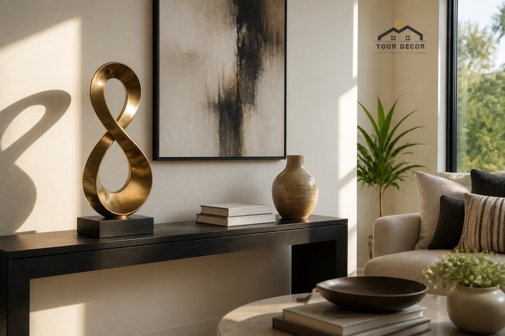 A sunlit modern living room with a large abstract metal sculpture on a console table, styled with stacked books and a ceramic vase, neutral tones with a gold accent piece catching afternoon light