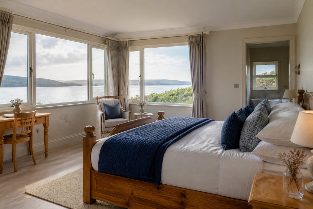 Handcrafted wooden bed with crisp white linens and deep blue throws in a bright ensuite bedroom overlooking loch views, with soft natural morning light streaming through large windows and Scottish Highland landscape visible beyond