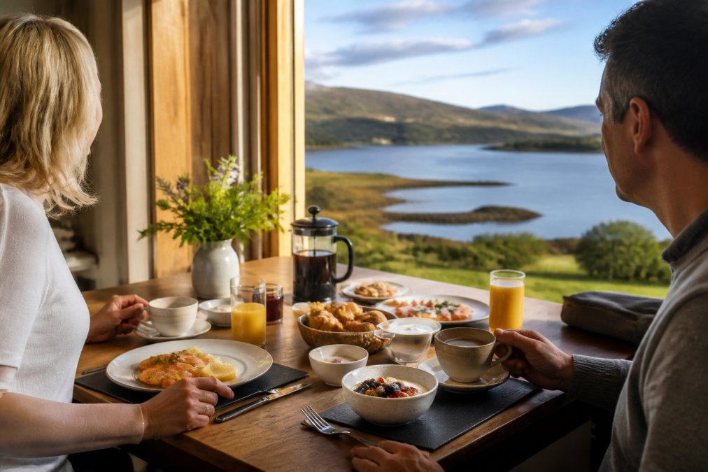 Guests enjoying a gourmet locally sourced breakfast at a dining table overlooking panoramic views of Scottish Highland coastline and loch landscape in the background, with natural morning light and steaming coffee cups on the table