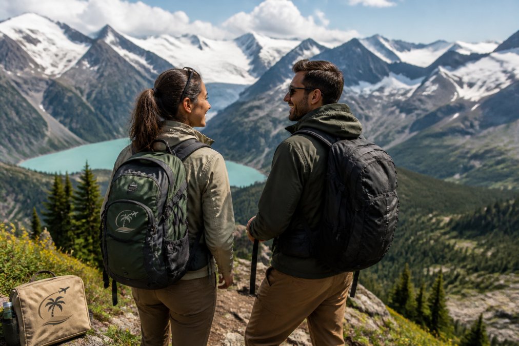 A couple hiking together on a scenic mountain trail with alpine peaks in the background, both wearing adventure gear and smiling at a vista point