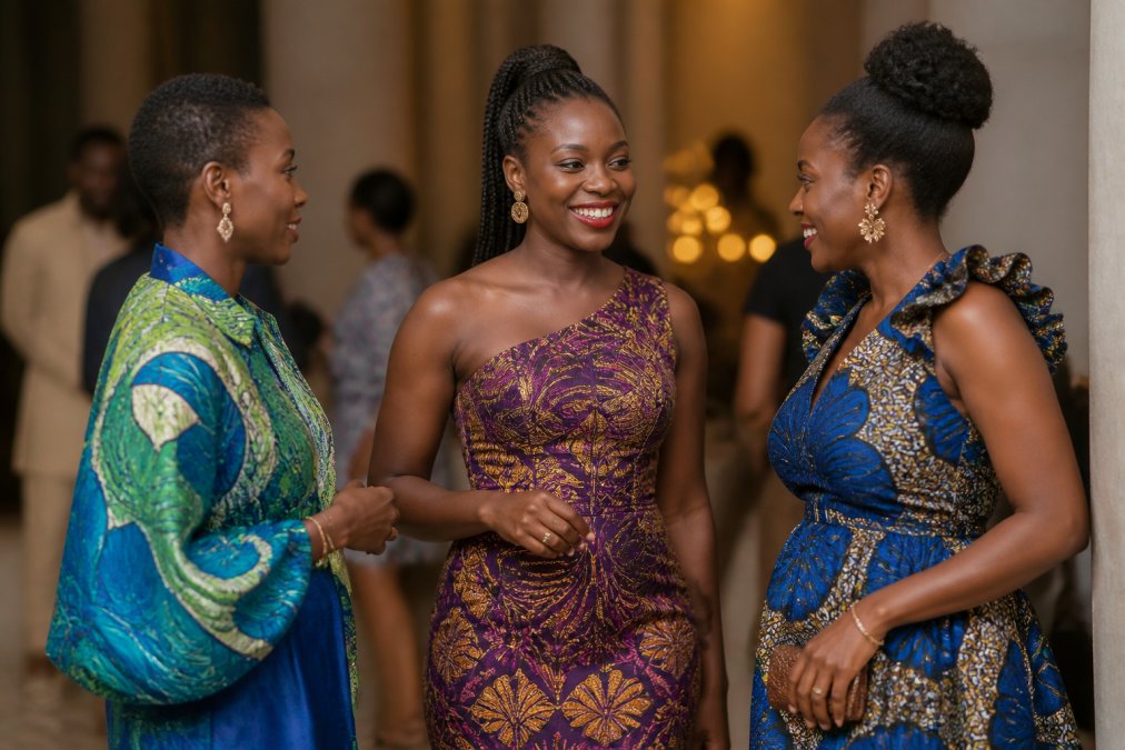 Woman in an elegant African print evening gown with bold geometric patterns in rich jewel tones, standing poised against a neutral background, showcasing the full silhouette and intricate hand-dyed textile details