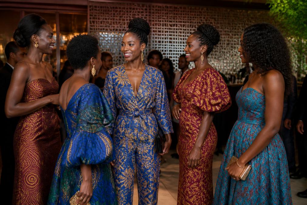 Diverse group of women wearing different styles of African print evening wear at a formal event, showcasing how various silhouettes, necklines, and sleeve styles flatter different body types and proportions