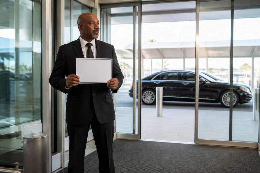 Professional illustration showing professionally and dressed and chauffeur concepts for luxury airport pickup
