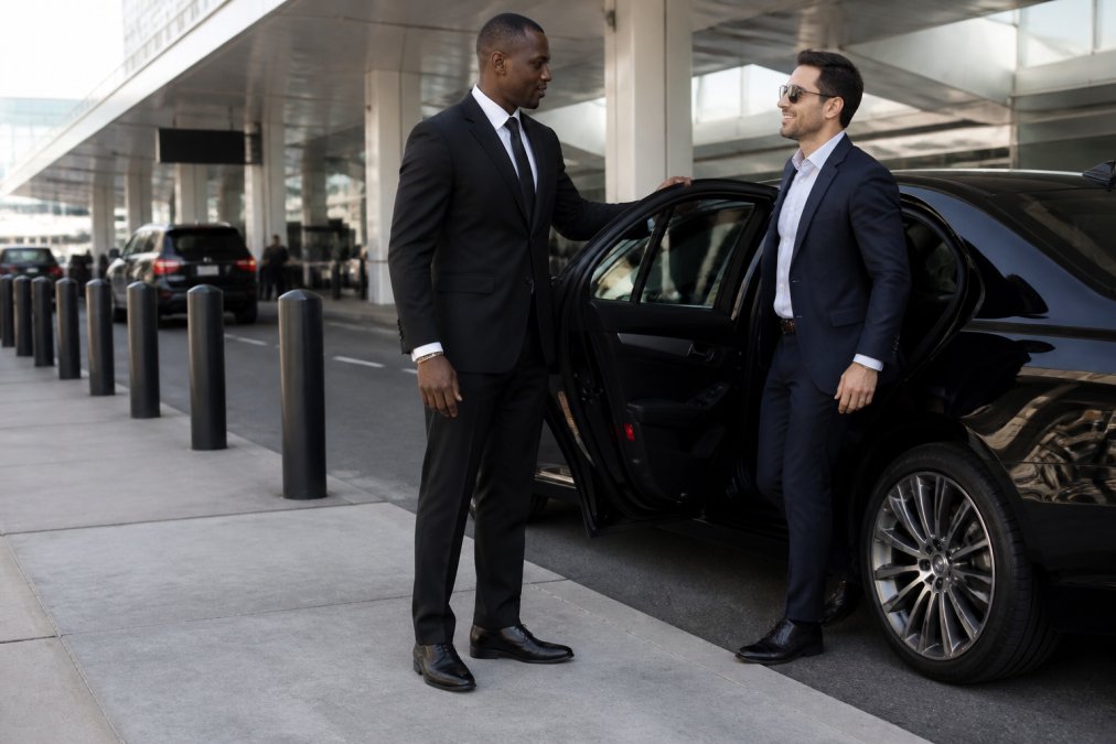 A professional chauffeur in a dark suit holding the rear door open for a business traveler beside a black luxury sedan at an airport arrivals curb