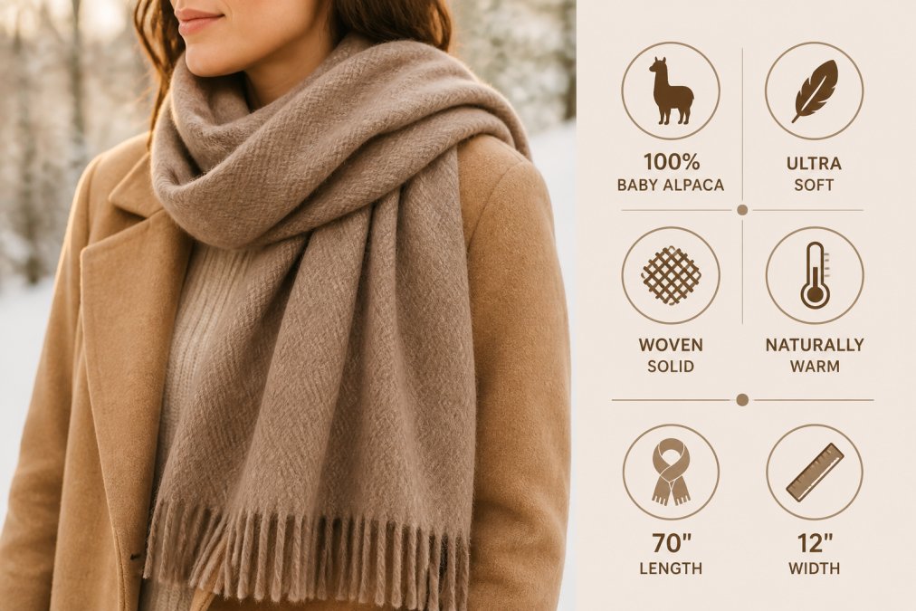 Close-up of a luxurious baby alpaca scarf draped over a person's shoulders in natural winter daylight, showing the soft texture and rich neutral color against their winter coat