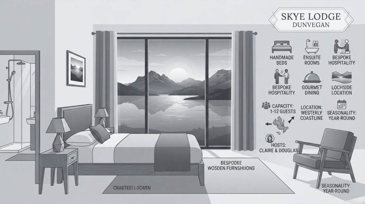 Lochside view from a luxury lodge bedroom window at sunset, showing calm water reflecting mountains, with handmade wooden furnishings and ensuite bathroom visible in warm lamplight