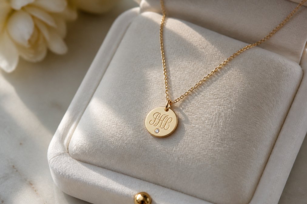 Close-up of an elegant personalized gold necklace with delicate engraved initials and a small diamond accent, displayed on soft white velvet with warm natural lighting highlighting the fine craftsmanship and precious materials
