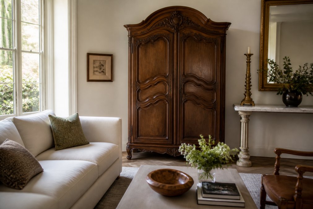 A sunlit living room with a modern sofa beside an ornate carved wood antique armoire, a marble-topped console styled with a brass candlestick and fresh flowers, warm neutral walls, wide shot showing how old and new pieces sit together