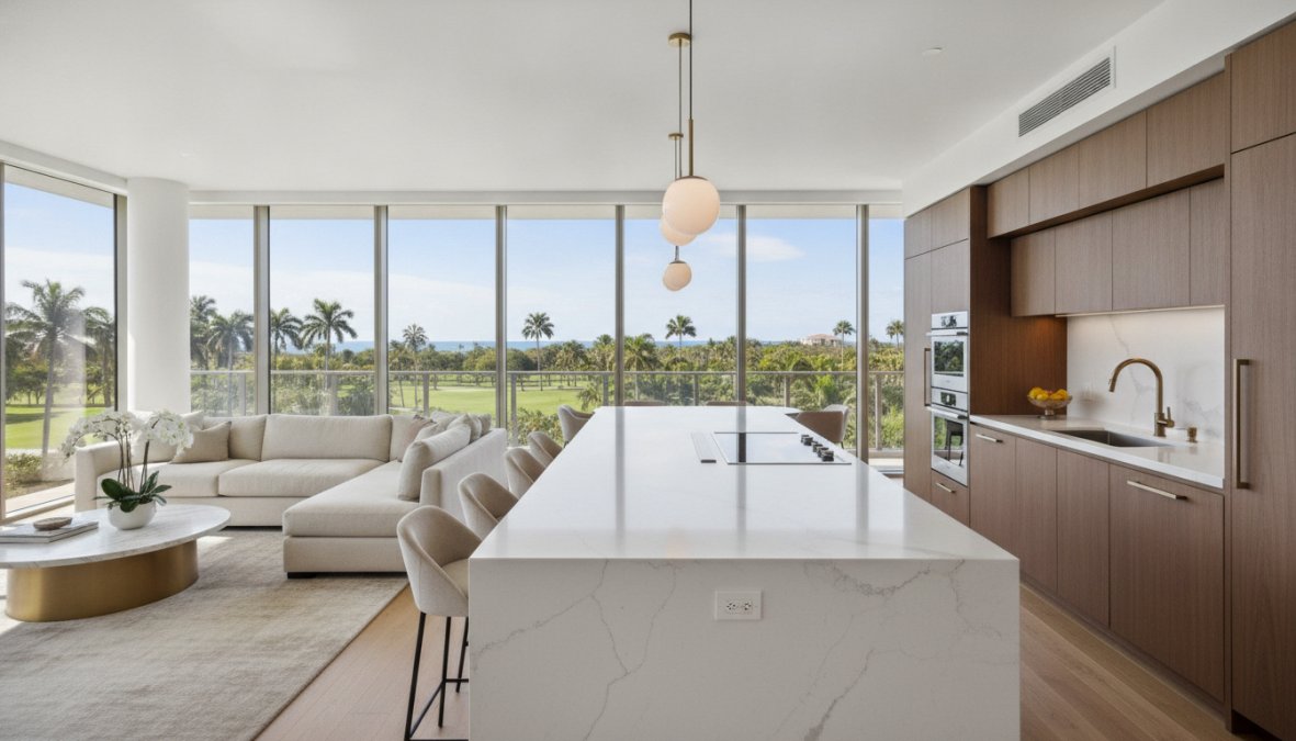 Bright, modern luxury apartment kitchen featuring white quartz countertops, stainless steel appliances, European two-tone cabinetry, and a subway tile backsplash with warm natural light streaming through large floor-to-ceiling windows