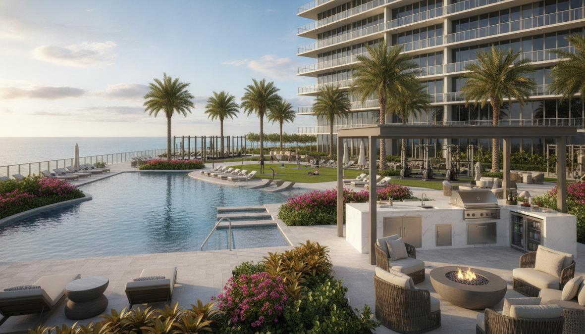 Resort-style swimming pool surrounded by lush tropical landscaping at a luxury apartment community in South Florida, with lounge chairs arranged poolside, a modern clubhouse visible in the background, and bright afternoon sunlight reflecting off calm blue water