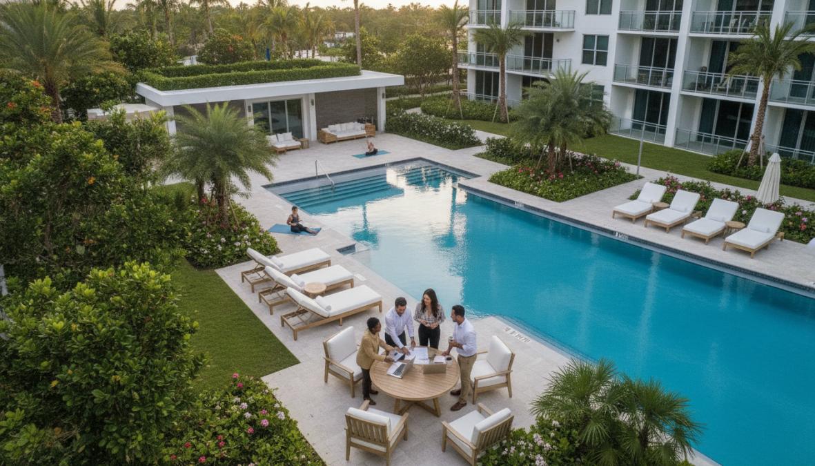 Luxury Apartments With Resort Amenities: A 2026 Guide 1 Aerial view of a resort-style swimming pool surrounded by lounge chairs, landscaped gardens, and residents relaxing in a luxury apartment community courtyard with palm trees and tropical vegetation