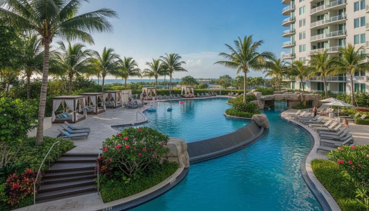 Professional illustration showing Florida for luxury apartments with resort style pool