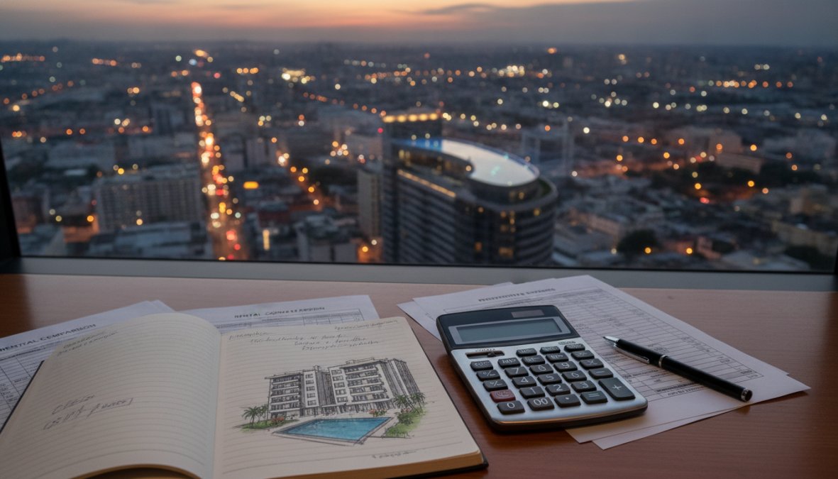 A resident relaxing on a sun deck beside a resort-style pool with a city skyline in the background, holding a coffee cup and looking out over the urban landscape in warm morning light