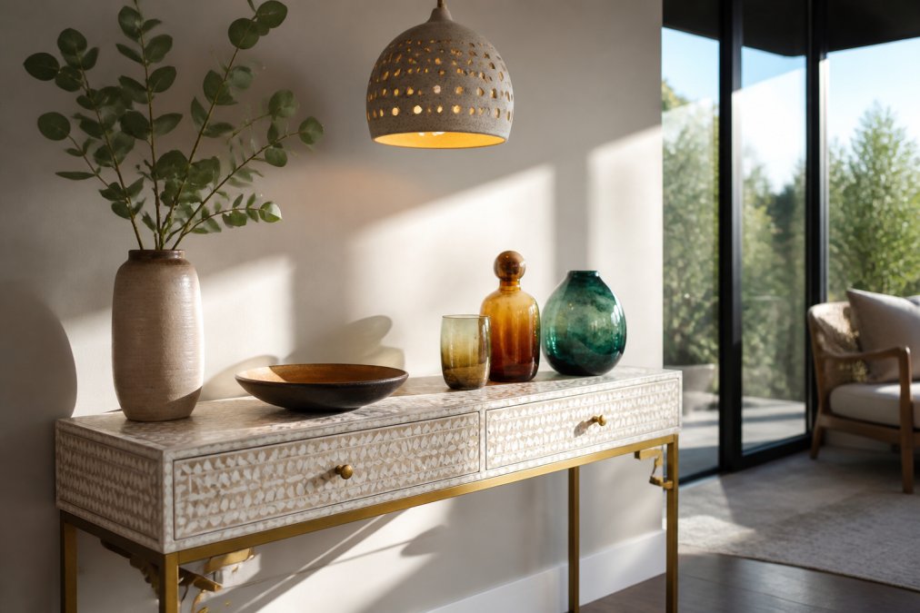 Modern living room console displaying artisan ceramic pendant light, bone inlay console table with gold legs, and hand-blown glassware catching natural sunlight through large windows