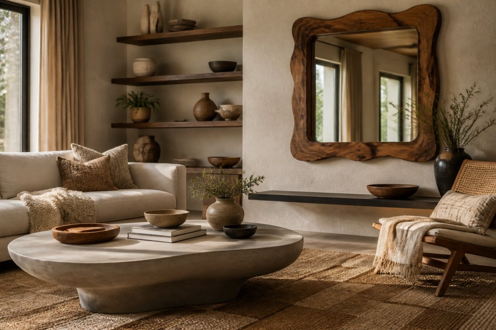 Modern living room interior with concrete sculptural coffee table, handcrafted mango wood mirror, layered neutral textiles, and ceramic accessories arranged on floating shelves with warm natural lighting