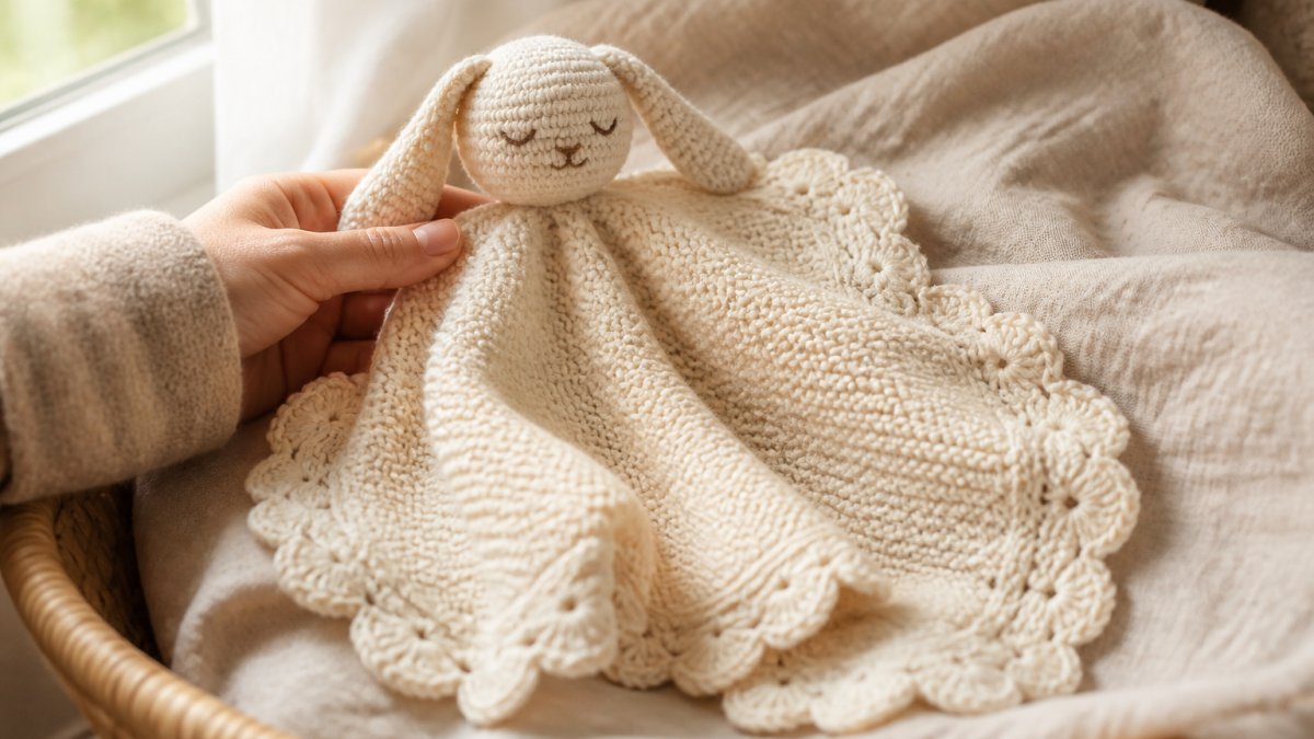 A close-up of a hand-knit organic cotton baby lovey with scalloped trim resting on a soft neutral blanket, warm natural light from a nearby window, gentle and cozy atmosphere