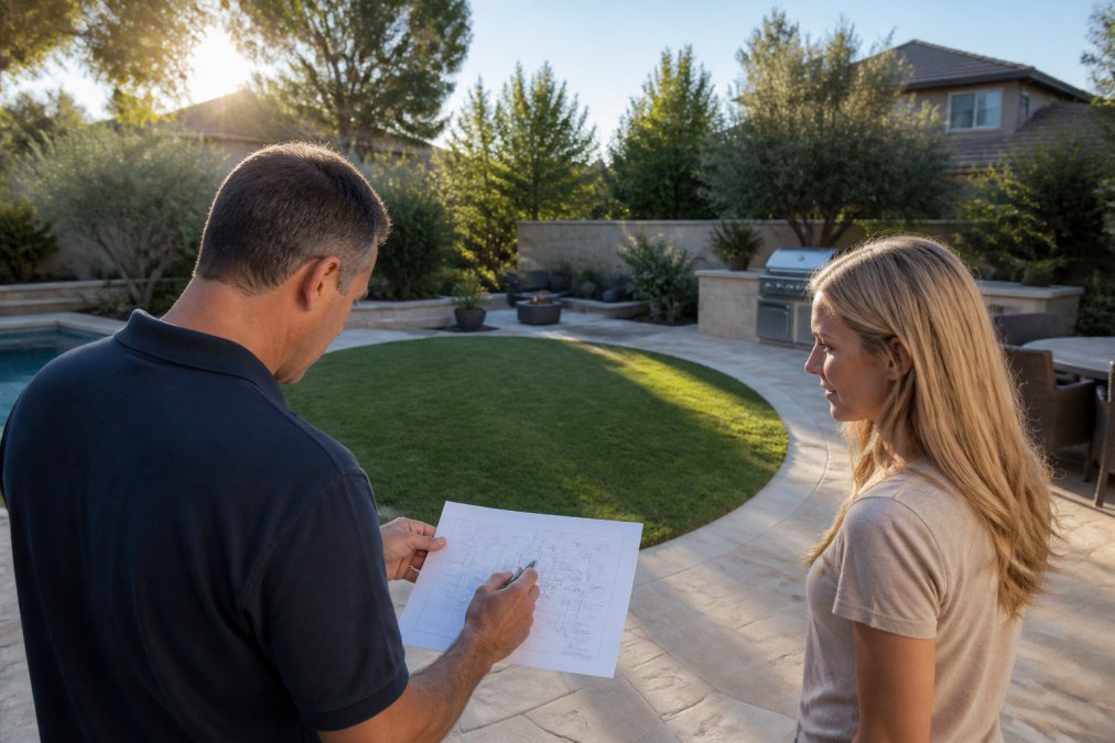 Professional landscape designer and homeowner standing in backyard reviewing site measurements and design notes, with existing hardscape and lawn visible in background during morning light