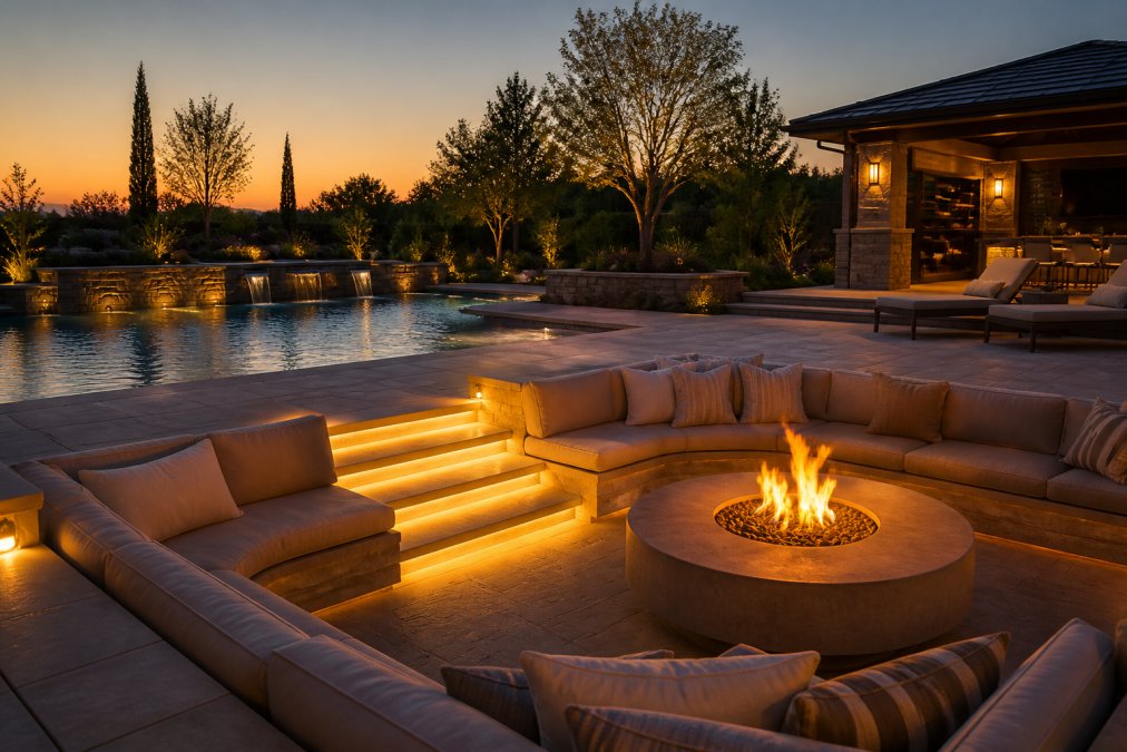 A stunning luxury backyard at dusk with a sunken seating area, plush outdoor sofas arranged around a large round concrete fire pit, warm amber lighting glowing across natural stone hardscape, and a resort-style pool shimmering in the background