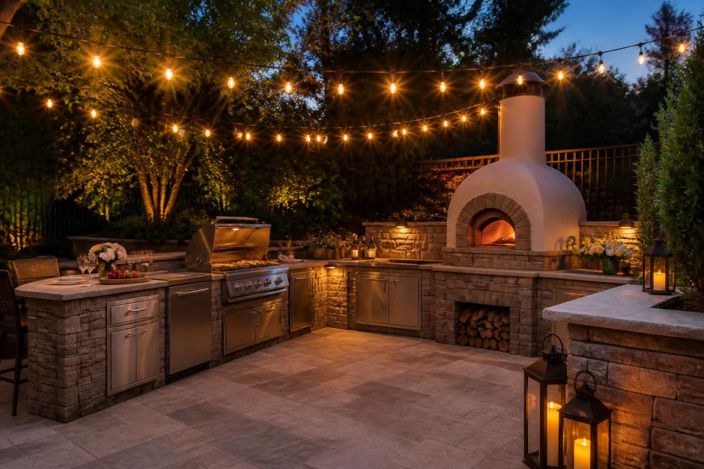 A fully equipped high-end outdoor kitchen with stainless steel appliances, a built-in grill, natural stone countertops, and a wood-fired pizza oven set within a beautifully landscaped backyard patio on a warm evening, soft string lights overhead