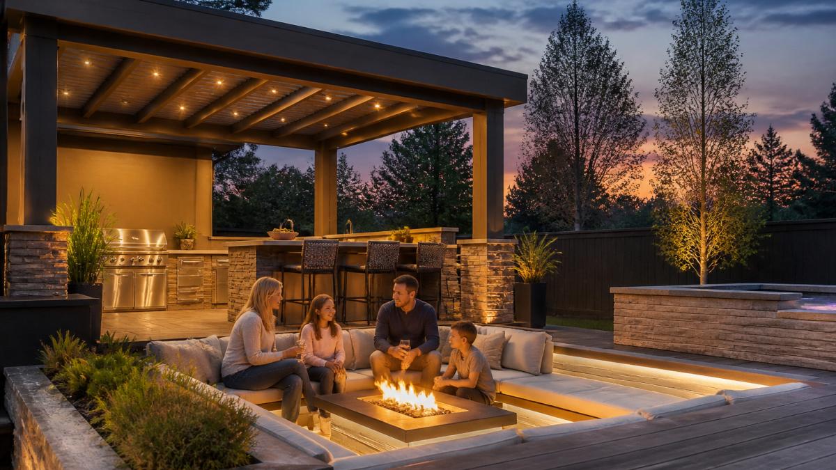 Family enjoying a luxury backyard renovation with a modern kitchen, fire pit, and ambient pergola lighting at dusk.