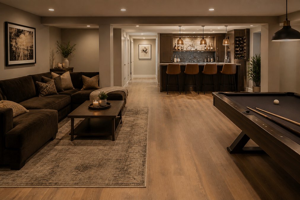 Cozy basement entertainment room with lounge seating and a bar area featuring warm ambient lighting and clear walkways.