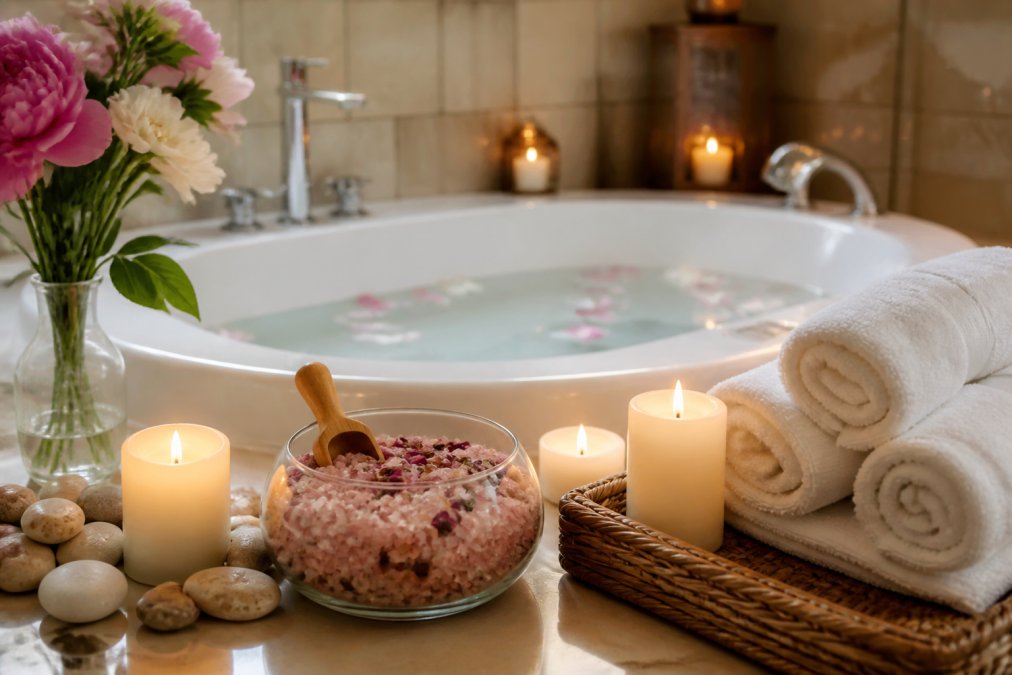 A serene bathroom with a filled bathtub surrounded by lit candles, luxury bath salts in a glass bowl, fresh flowers, and fluffy white towels creating a spa atmosphere