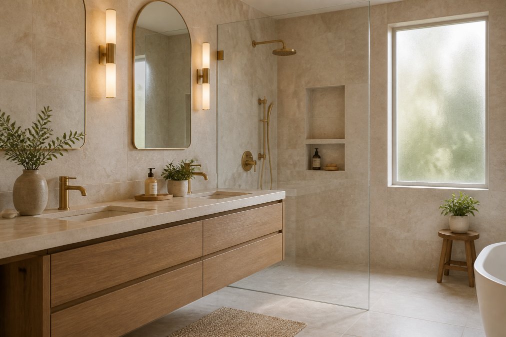 A bright luxury primary bathroom featuring large-format travertine-look porcelain wall slabs, a floating oak vanity, and brushed brass fixtures, with soft natural light coming through a frosted window