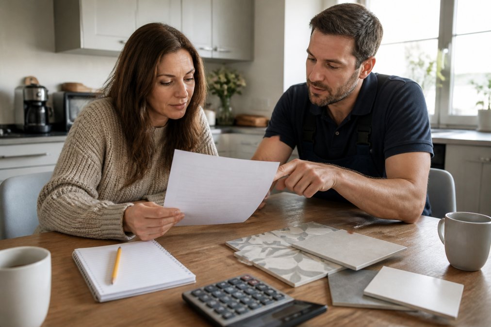 A homeowner and a plumber reviewing a printed bathroom renovation quote and tile samples on a kitchen table, with a notebook and pencil beside them