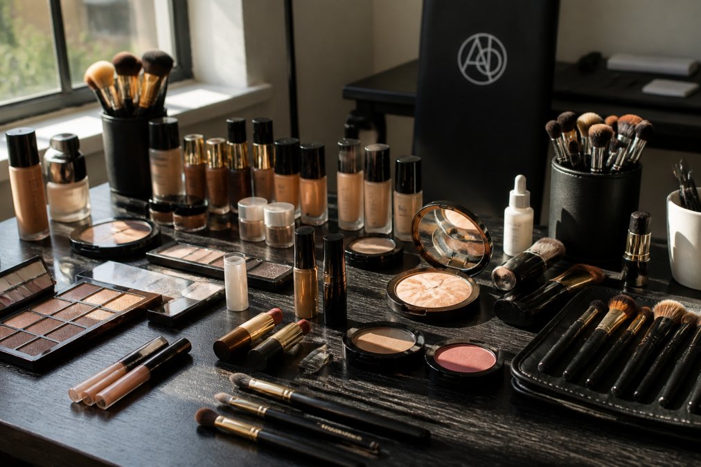 Professional makeup artist's organized vanity with luxury cosmetics, brushes, and artisanal compacts arranged with natural lighting, showing curated collection of high-performance products