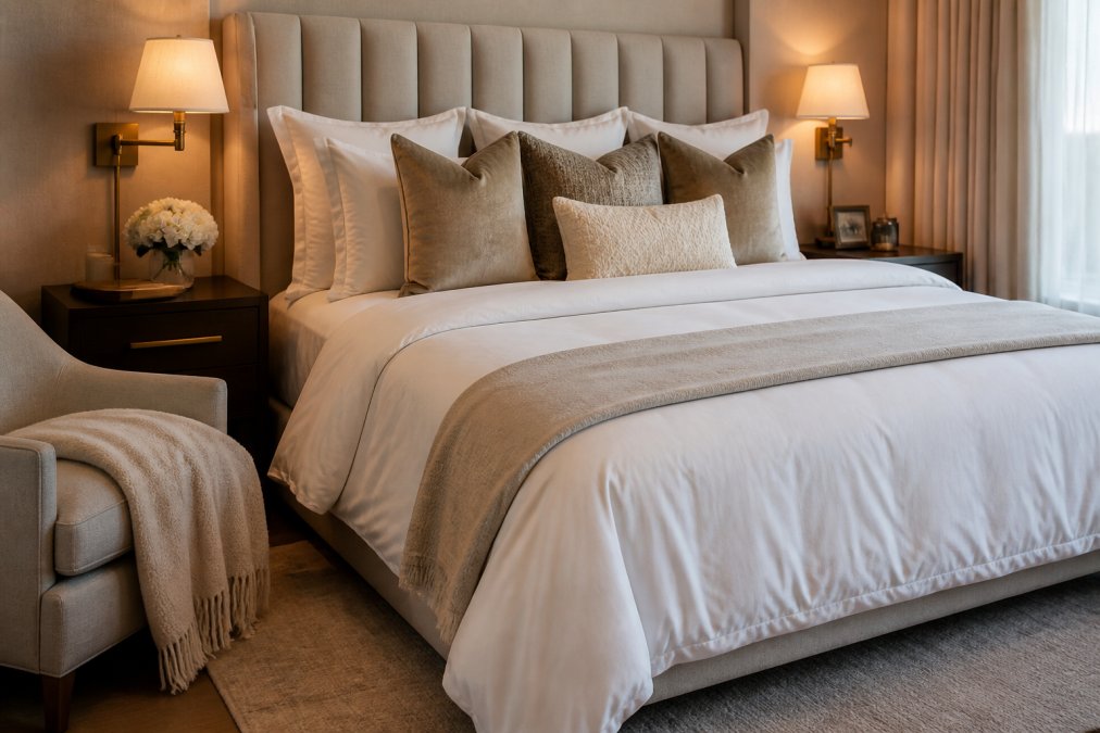 Serene master bedroom with layered luxury bedding in neutral tones, multiple textured pillows arranged against an upholstered headboard, soft warm lighting from bedside lamps with brass fixtures, crisp white duvet folded at the foot of the bed, and a subtle throw blanket draped over a chair in the corner