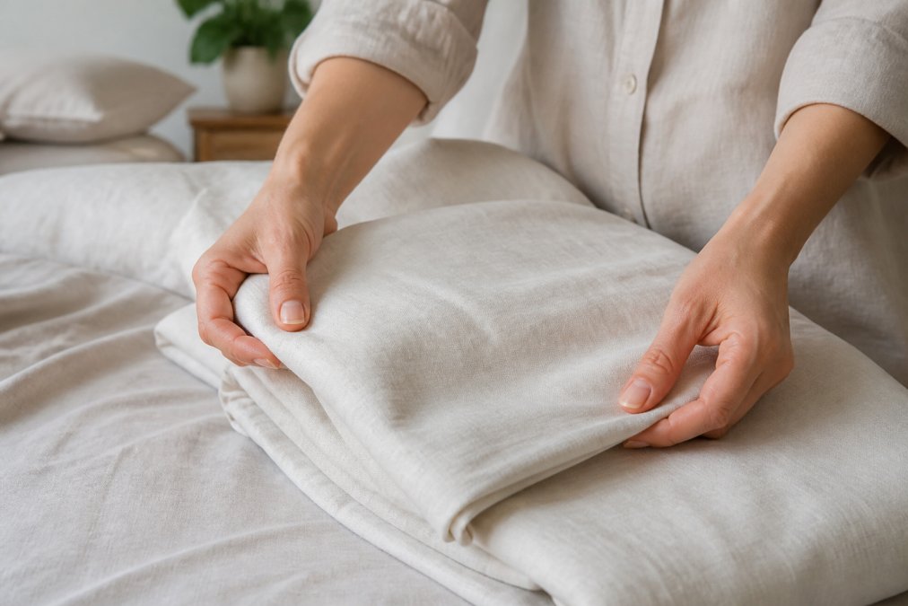 Close-up of hands gently folding soft, premium bed linen showing visible texture and natural drape, demonstrating the care involved in handling luxury bedding with proper technique