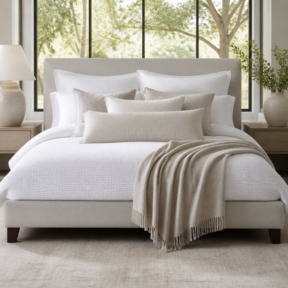 Beautifully styled bed with layered luxury cotton bedding in soft neutral tones, decorative pillows arranged in graduating sizes, and a folded linen throw draped across the foot rail in natural morning light