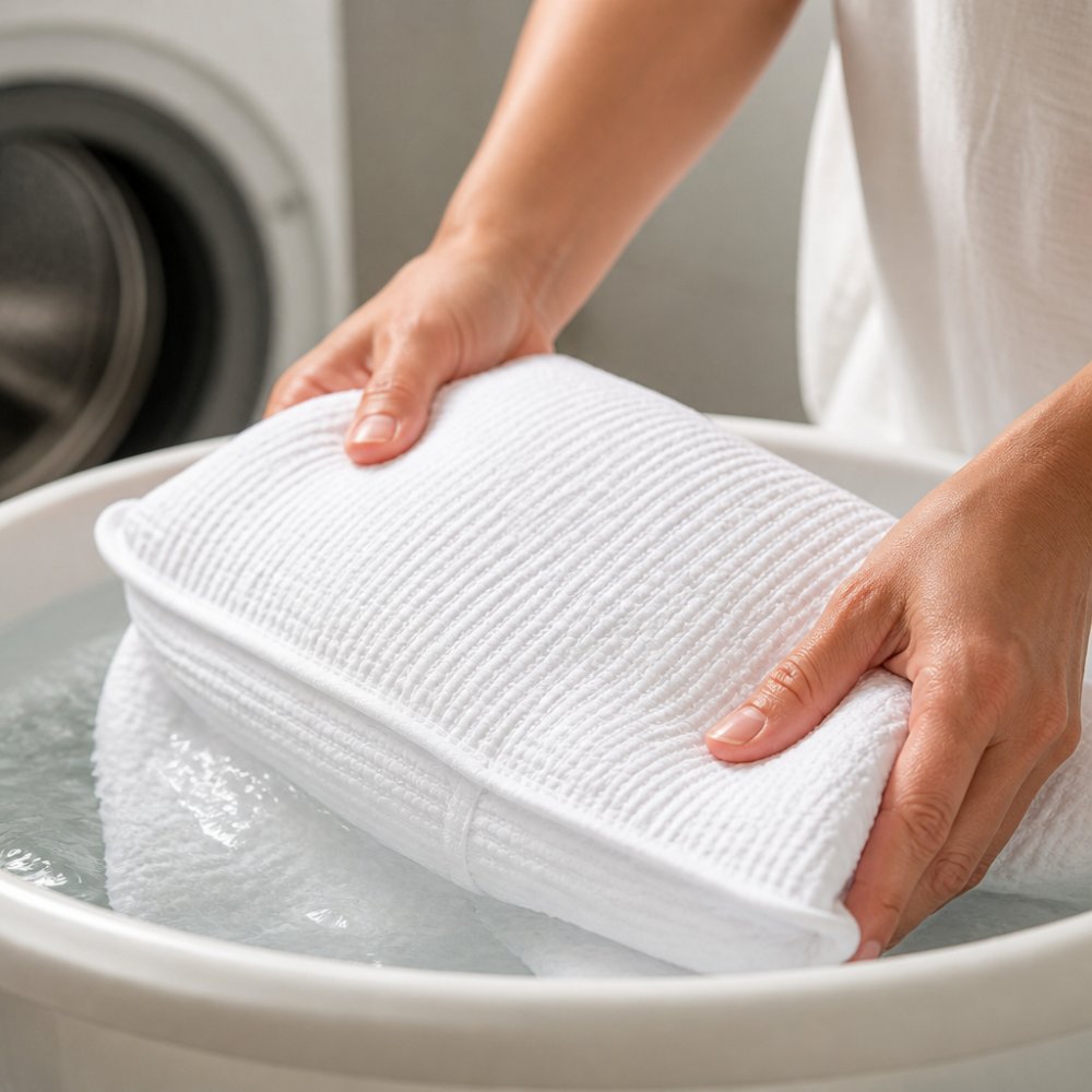 Close-up of hands gently handling premium white cotton fabric during washing, showing proper care technique with cool water and delicate handling in a modern laundry setting