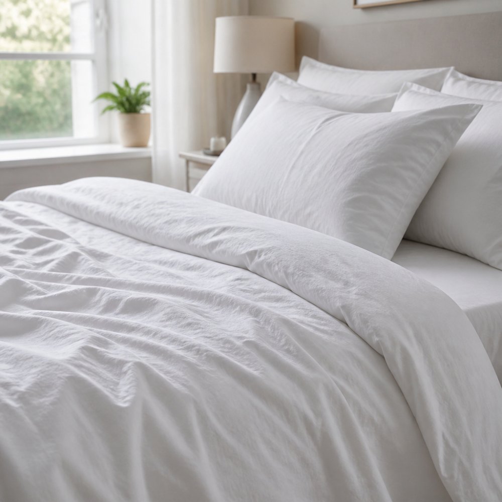 Close-up of a neatly made bed with a white cotton quilt cover set, showing soft texture and natural folds in a bright bedroom with morning light