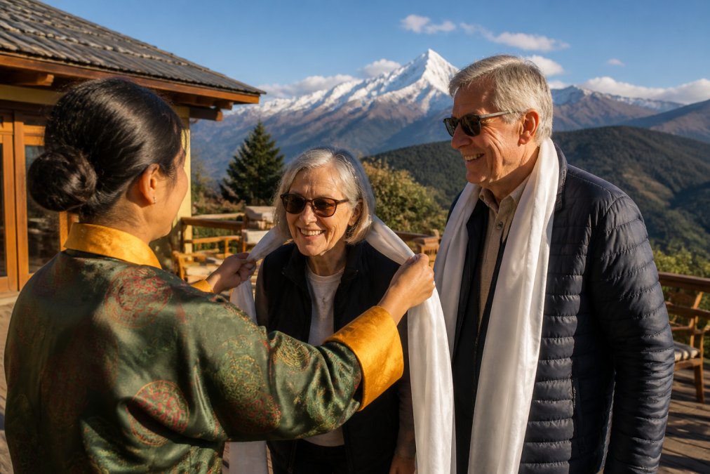 An elegant senior couple smiling as they are welcomed with a traditional white scarf at a luxurious Bhutanese lodge, with dramatic Himalayan peaks visible behind them in golden afternoon light