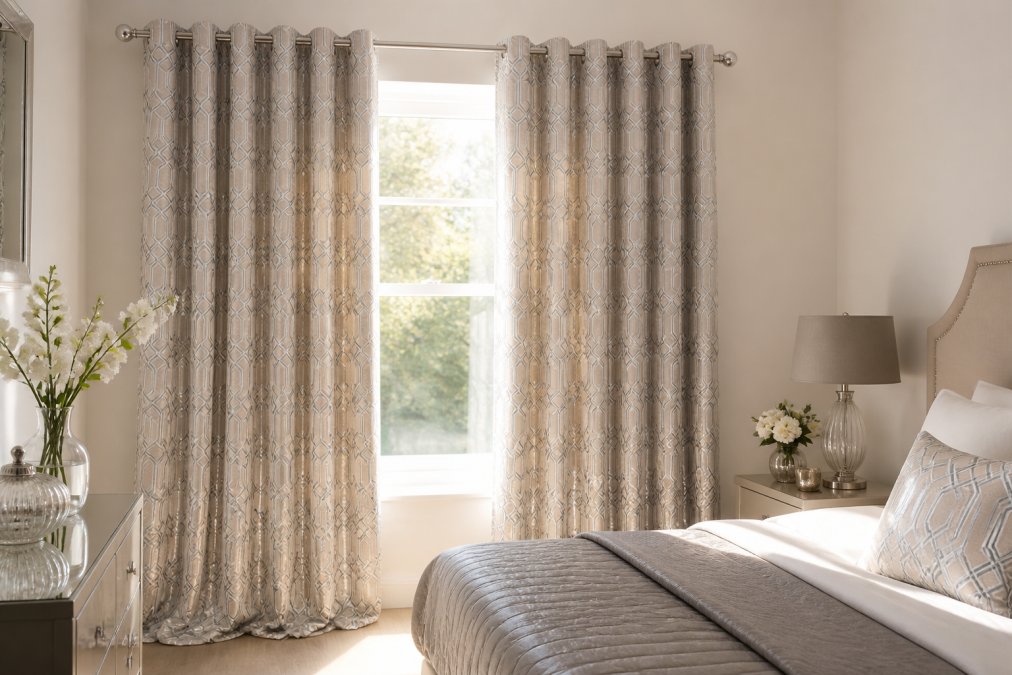 Close-up of rich champagne velvet curtains hanging in a sunlit bedroom, the deep pile catching warm afternoon light against a neutral white wall, floor-length panels pooling slightly on pale oak flooring