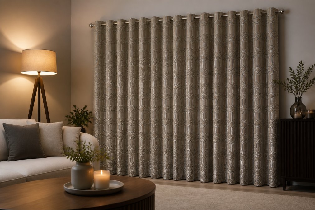 A styled living room with olive green bouclé chenille curtains drawn closed, a warm floor lamp casting soft light across a cream sofa and wooden coffee table, the curtains creating a cosy, contemporary atmosphere